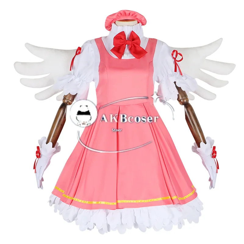 

Anime Cardcaptor Sakura Cosplay Kinomoto Sakura wing Red and white battle uniform maid Quality Cos Halloween party Costume Set