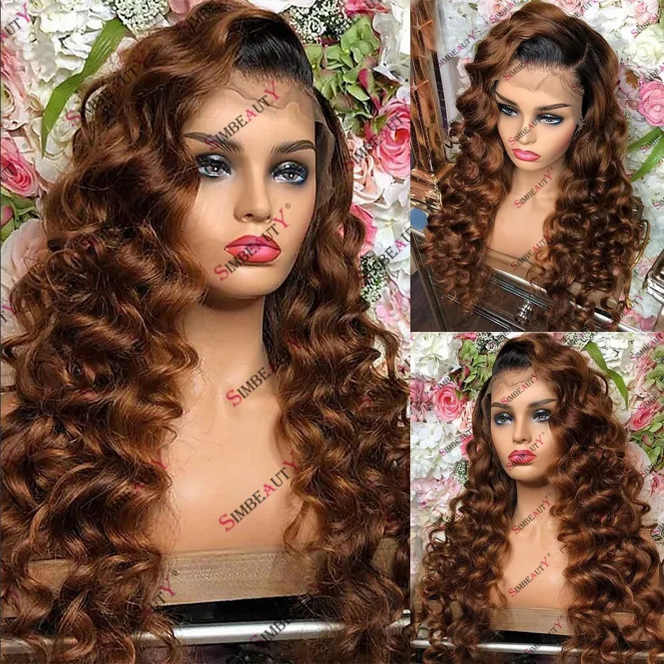 Human Hair Deep Wave Ombre Golden Brown Lace Front Wig for B