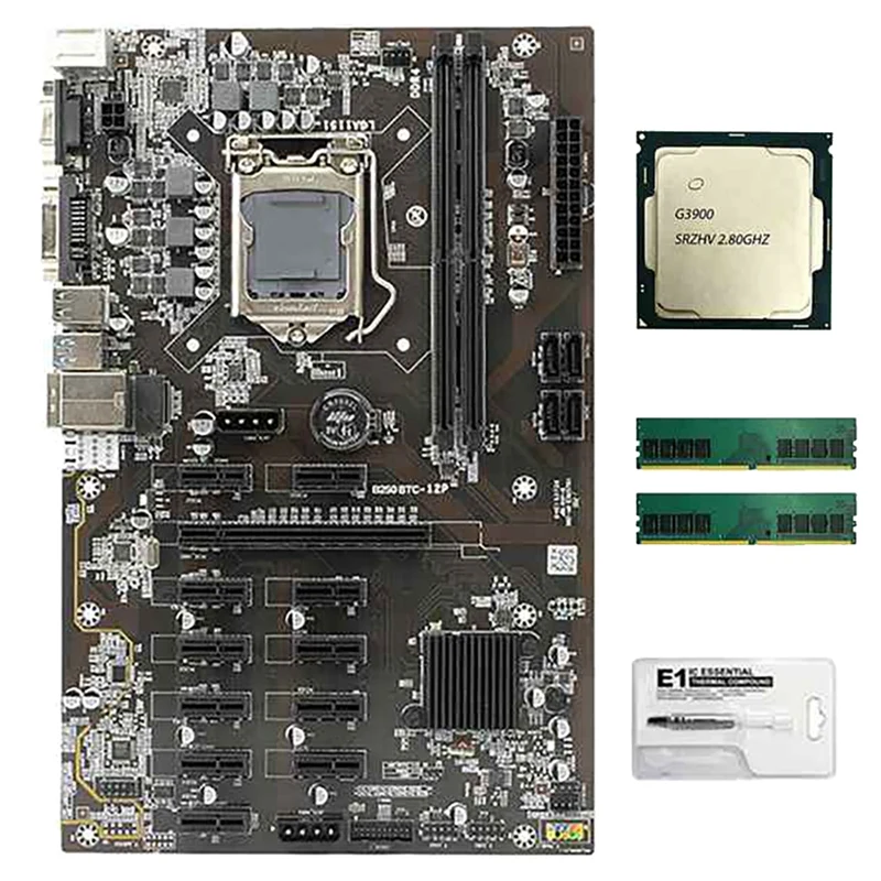 

B250 BTC Mining Motherboard with G3900 CPU+ DDR4 Memory+Thermal Grease 12 PCI-E Slots LGA1151 DDR4 DIMM RAM SATA3.0