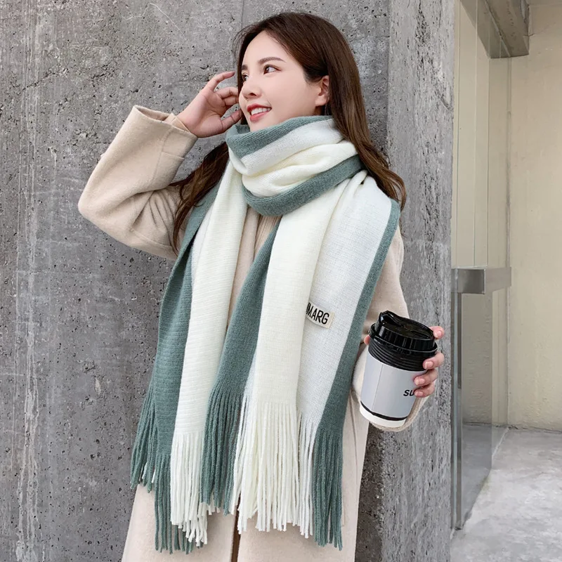 

Large Winter Women Scarf Two-Tone Knitted Ponchos Cape Femme Shawl Wraps Pashmina Sjaals Bufandas Mujer Encharpe