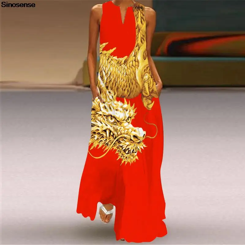 

Women's Summer Dragon Print V Neck Dress Bohemian Flowy Long Maxi Dresses Sexy Sleeveless A Line Loose Holiday Beach Dress 5XL
