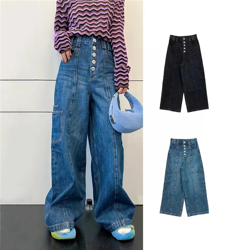 

High quality FW new women's high waist pure cotton wideleg jeans y2k multi pocket retro high street button trim casual trousers