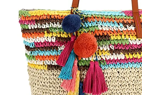 Large Straw Beach Tote Bag  Women with Pom Poms and Inner Pouch -Vegan Leather Handles (Bright Multi Color)
