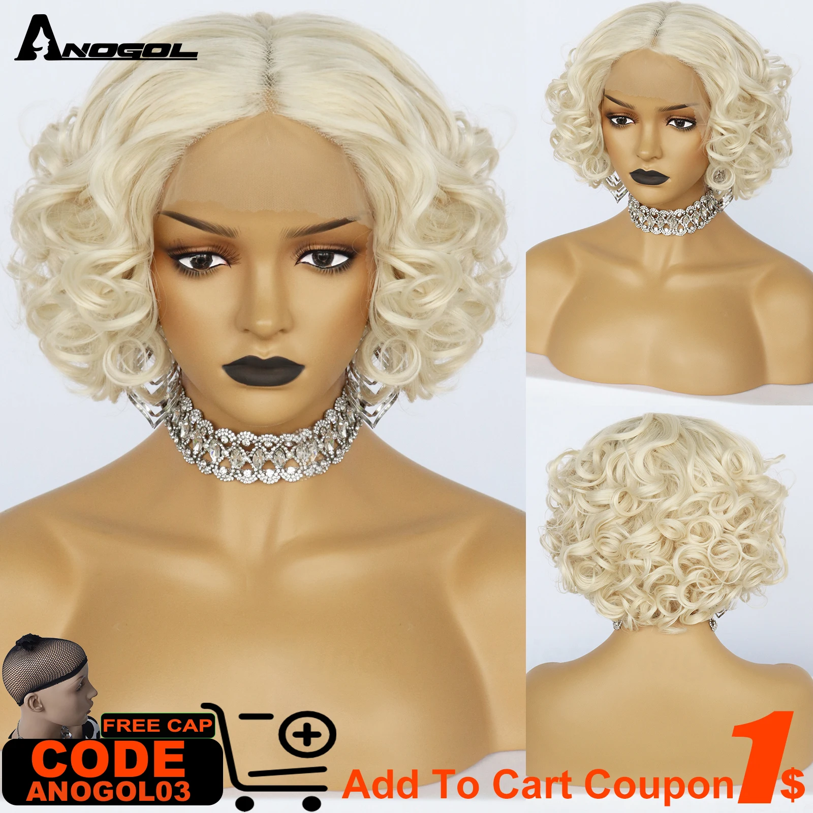AN Synthetic Blonde Side T Part Short Bob Wave Lace Wig 613 Blonde Kinky Curly Fiber Hair Wigs Drag Queen Cosplay Wigs For Women