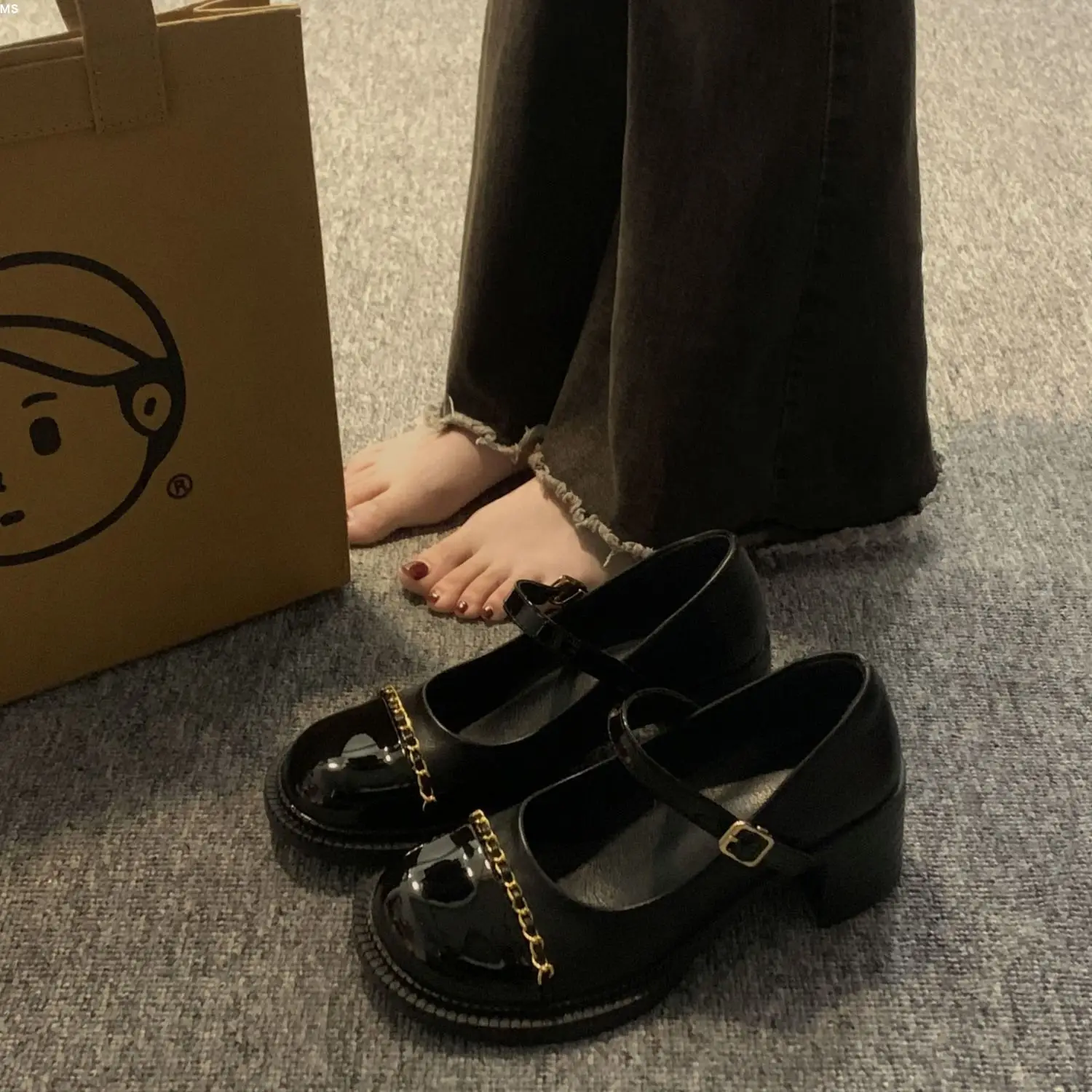 Women's Summer Footwear on Heeled Round Toe Shoes for Woman 2023 Gothic Mary Jane Pumps High Heels Normal Leather Casual Black a