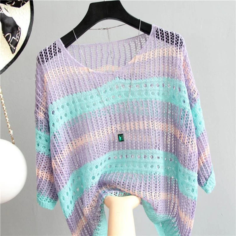 

High-quality Stripe V-Neck Hollow Out Pullovers Shirt Women Ice Silk Knitted Sweater Loose Blouse Thin Clothing Korean Fashion