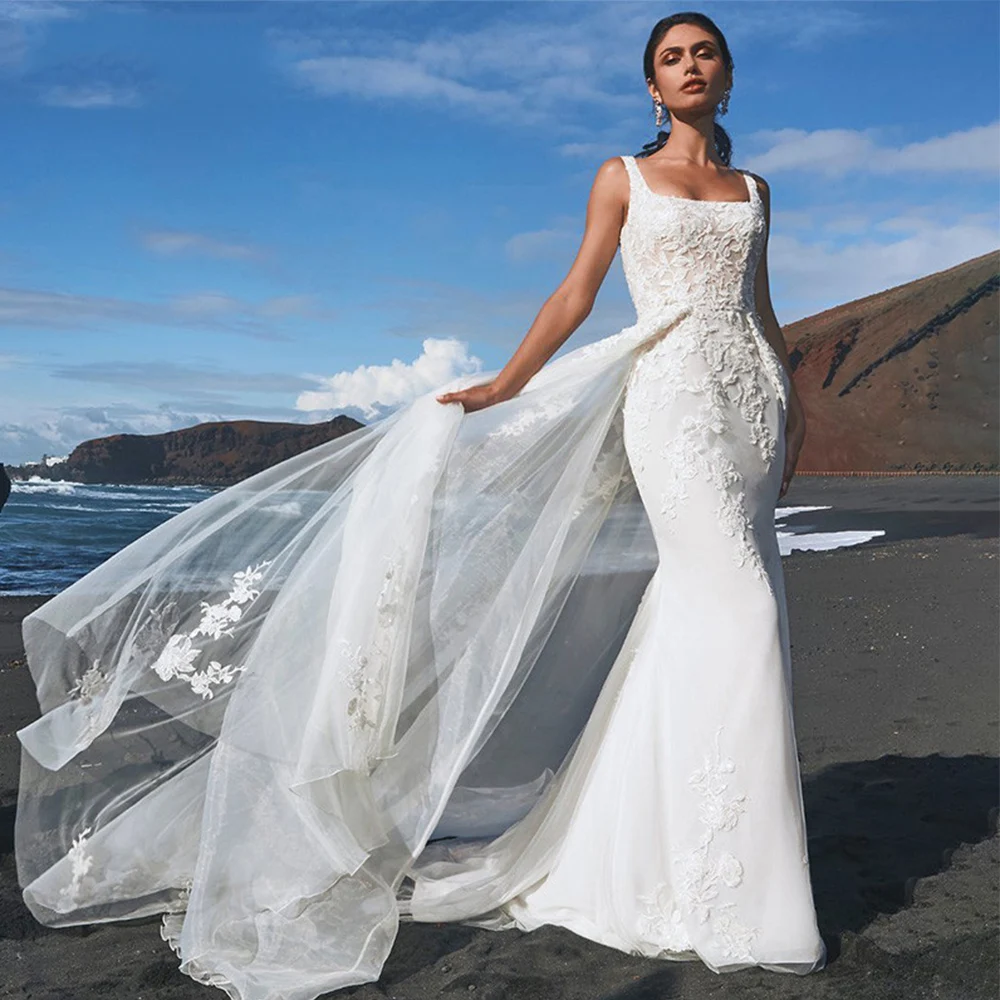 

Modern Bride Gowns Elegant Tulle Detachable Train Trumpet Backless Wedding Dresses Lace Applique Sleeveless Vestido De Noiva