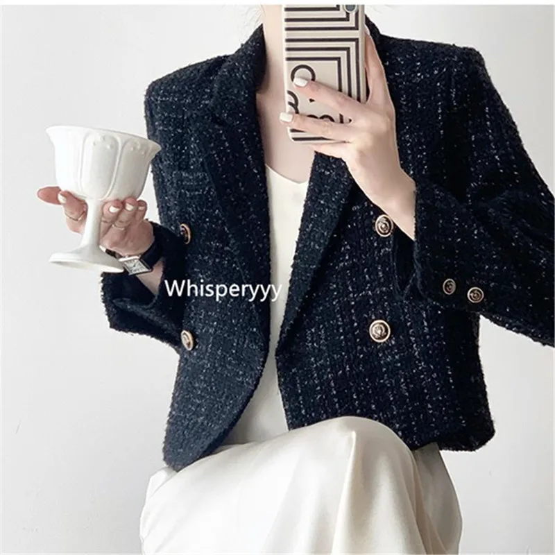 Black Blazers For Women Elegant Stylish Short Jacket Autumn Winter Casual Tweed Suit Coat Tops Fashion Double Breasted Outerwear images - 6