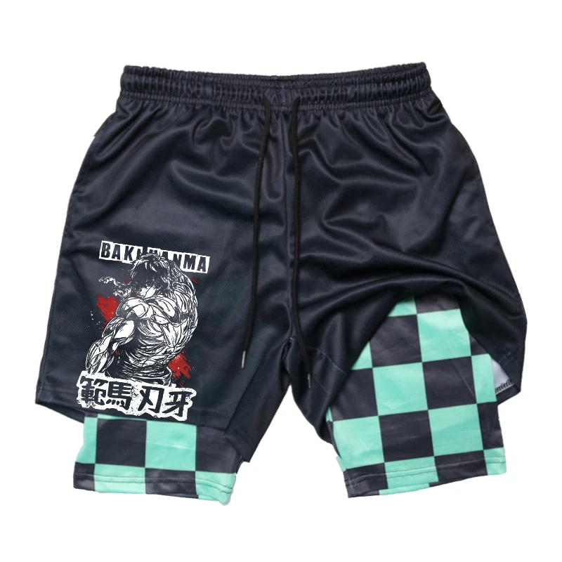 Baki Print  2 in 1 Gym Shorts for Men Athletic Compression Shorts with Pockets Quick Dry Stretchy Bodybuilding Fitness Running