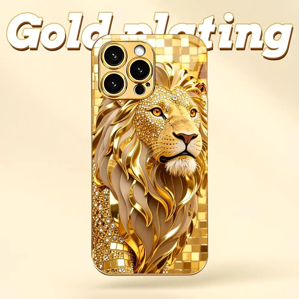 Фото Металлический чехол для телефона Majestic Golden Lion из стекла с эффектом металлик, подходит для iPhone 17 16 15 14 13 12 11 Pro/Max/Plus, противоударная задняя крышка №5