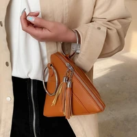 simple triangle pu leather wrist clutch bag for women 2022 mini handbags and purses fashion iron ring handle tassel chain design