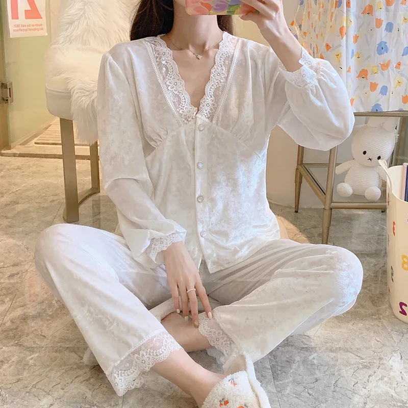 

Lace Patchwork Woman Pyjama Long Sleeve V Neck Solid White Home Wear Autumn Two Piece Set Nighty Pj Sets for Women Sleepwear