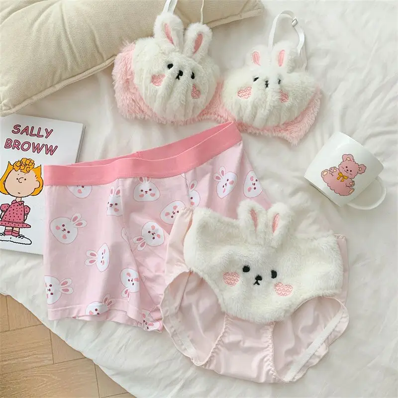 

3 шт. зимнее плюшевое нижнее белье для женщин и девушек, комплект нижнего белья с милым медведем, привлекательный мягкий бюстгальтер без косточек с плюшевой подкладкой, женская одежда