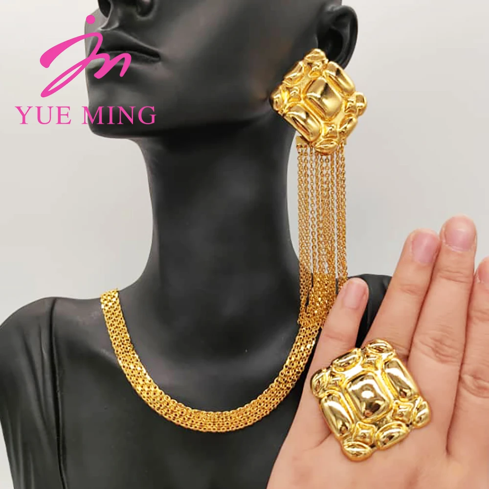 

Dubai Gold Color Jewelry Set For Women Luxury Fashion Flower Ring Necklace Tassels Earrings Weddings Bridal Jewelry Accessory