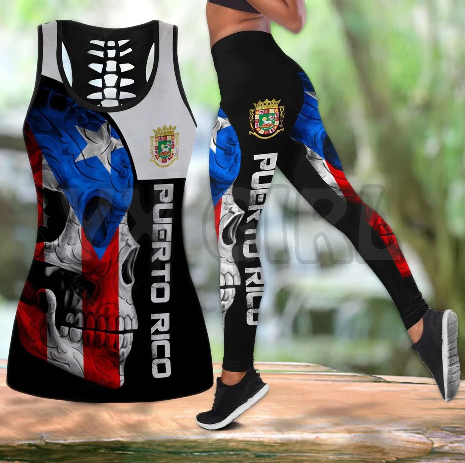 Puerto Rico With Skull 3D Printed Tank Top+Legging Combo Outfit Yoga Fitness Legging Women