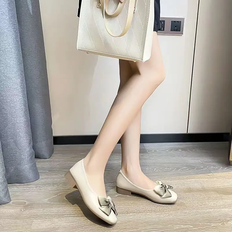 Bow shoes spring and autumn 2023 new flat-bottomed soft-soled temperament low heel shoes