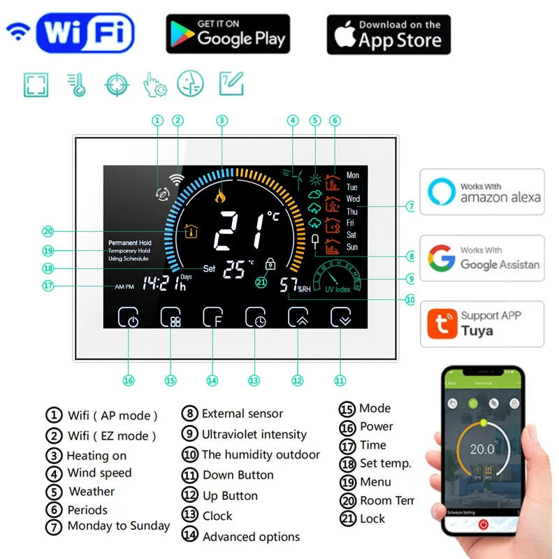 

Умный Wi-Fi термостат с Google Home, контроллер температуры для газового бойлера, электрического подогрева пола, дисплей влажности, работает