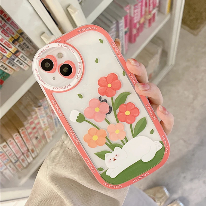 

Cute Cartoon Flower Cat Round Lens Clear Phone Case For iPhone 13 11 12 Pro Max X XR XS Max 7 8 Plus Sweet Shockproof Soft Cover