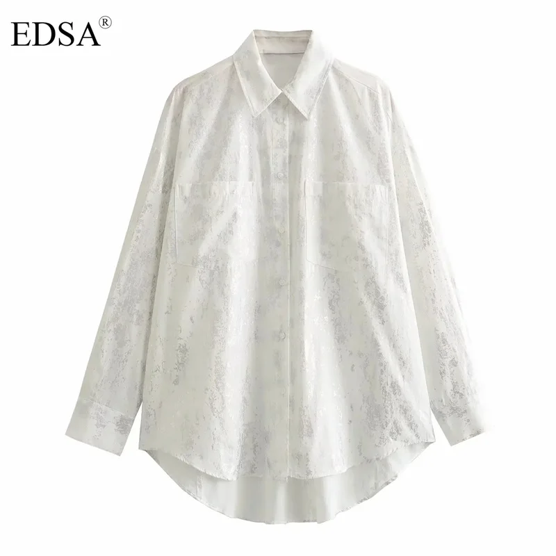 

EDSA Women Fashion Blue Long Sleeves Shirt Turn-down Collar for Office Lady Single Breasted Vintage Female Top Blouse
