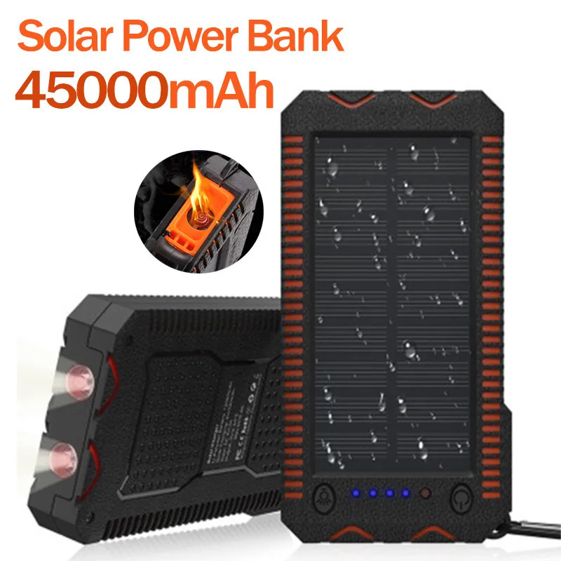 

45000mAh Solar Power Bank Charger Waterproof Backup Battery Powerbank For Outside Emergency Charger With SOS LED Outdoor Igniter