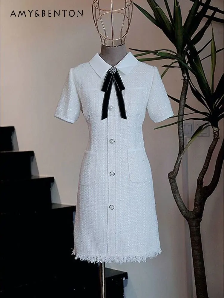 

Women's Easy Matching Waisted Short-Sleeved Dress 2023 Summer High-Grade Temperament Polo Collar White Mid-length Dress