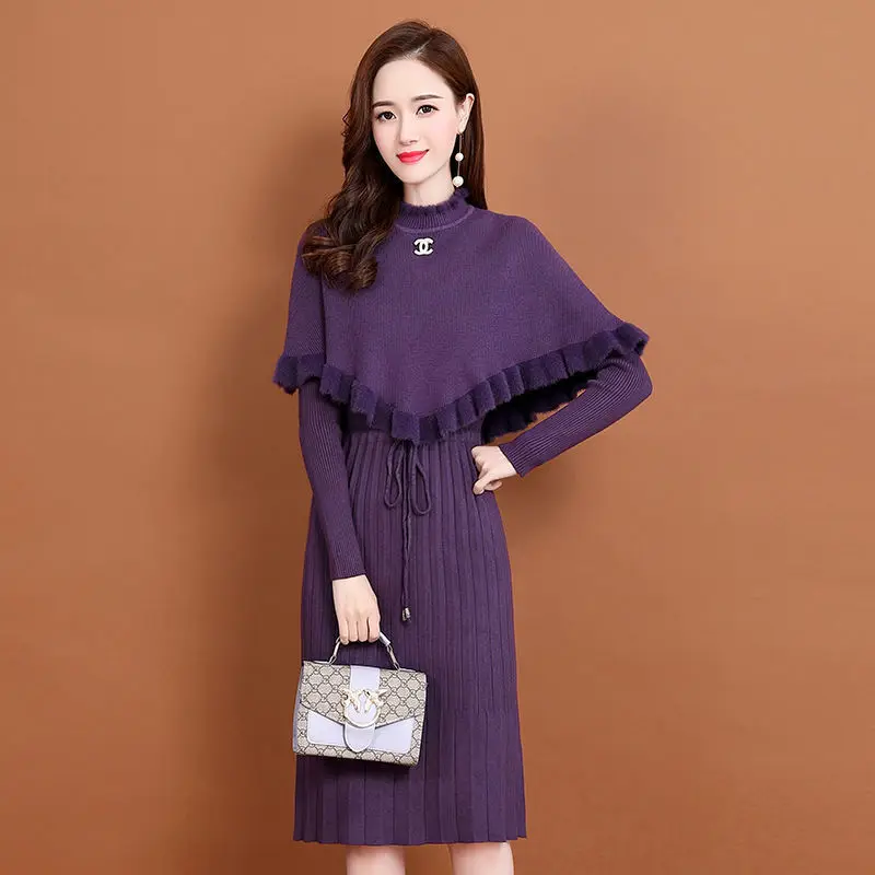 Knitted Dress 2 Peice Set Women Solid Color Half High Collar Ruffles Cloak+V-Neck Sweater Dress Outfits Fall Winter Korean Suit