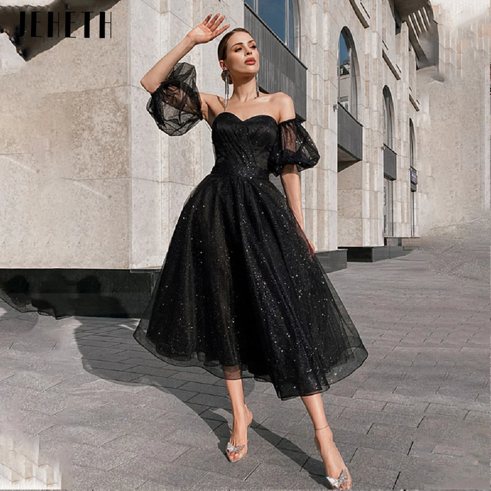 

JEHETH Sexy Detachable Puffy Sleeve Party Gowns Glitter Black Sweetheart Tea Length Evening Dresses formal occasion dress