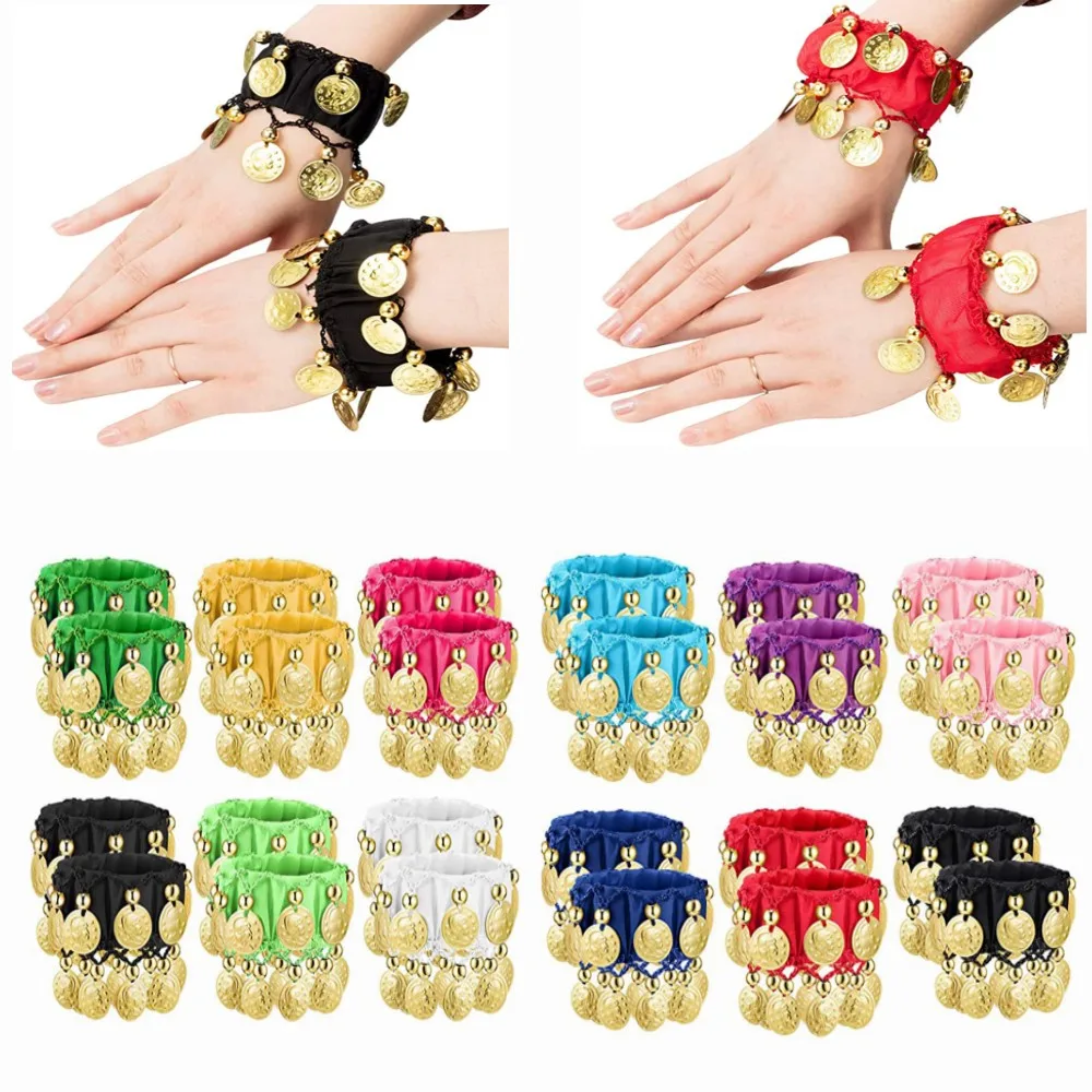 

1 Pair Belly Dance Wrist Ankle Cuffs Bracelets Chiffon Gold Coin Belly Dance Costume Accessories Women Girls Dance