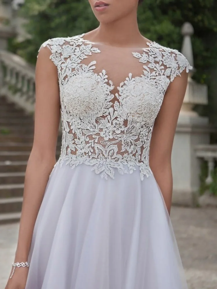 

Elegant Ivory V-Neck A-Line Floor-Length Sleeveless Lace Appliques Court Train Woman Wedding Dresses Bridal Engagement Party