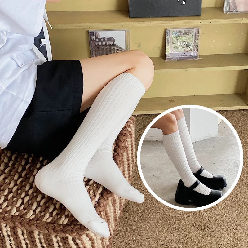 

Вязаные женские чулки, Осень-зима, теплые чулки до бедра, модные однотонные женские гольфы