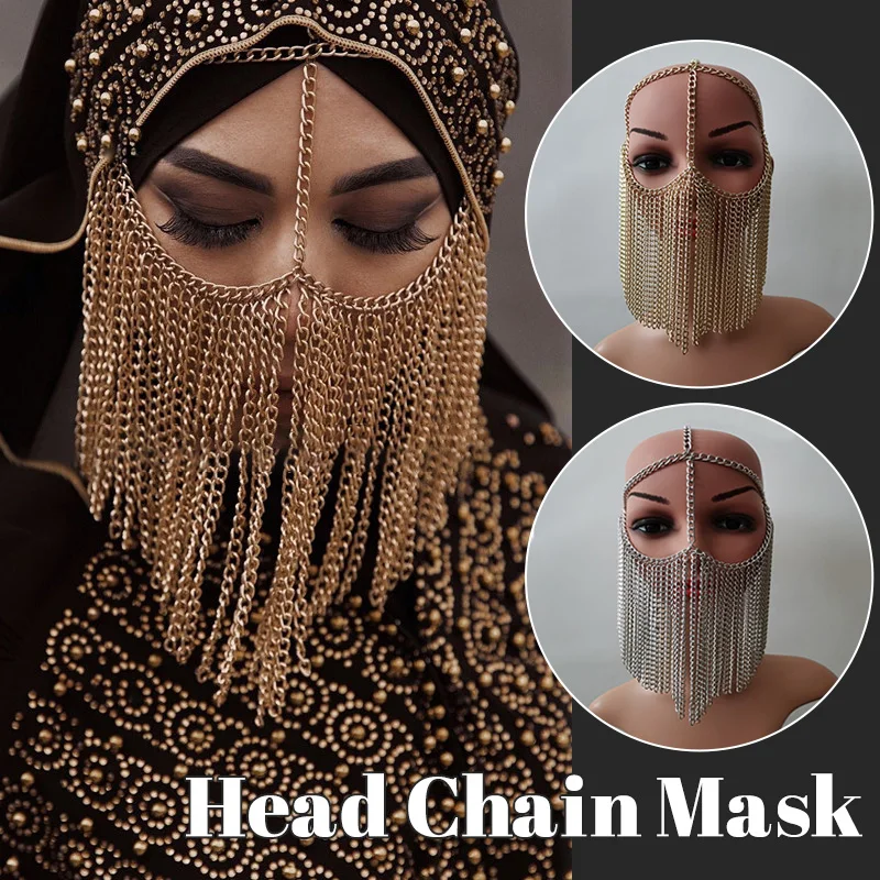 Купи Women Fashion Alloy Chains Veil Face Mask Headwear Luxury Masquerade Nightclub Party Dance Costume Punk Head Jewelry Accessories за 672 рублей в магазине AliExpress
