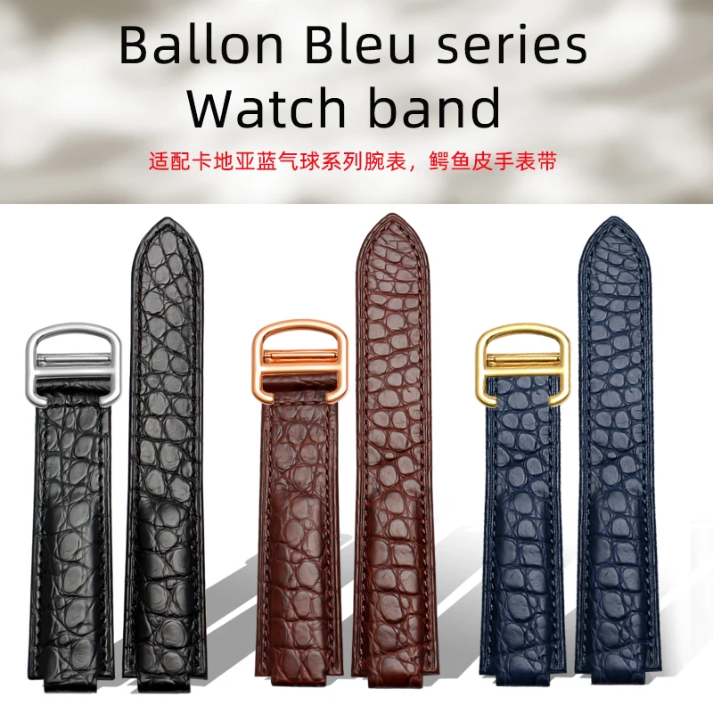 American crocodile leather watch strap suitable for cartier blue balloon convex leather strap 18 20mm men and women black