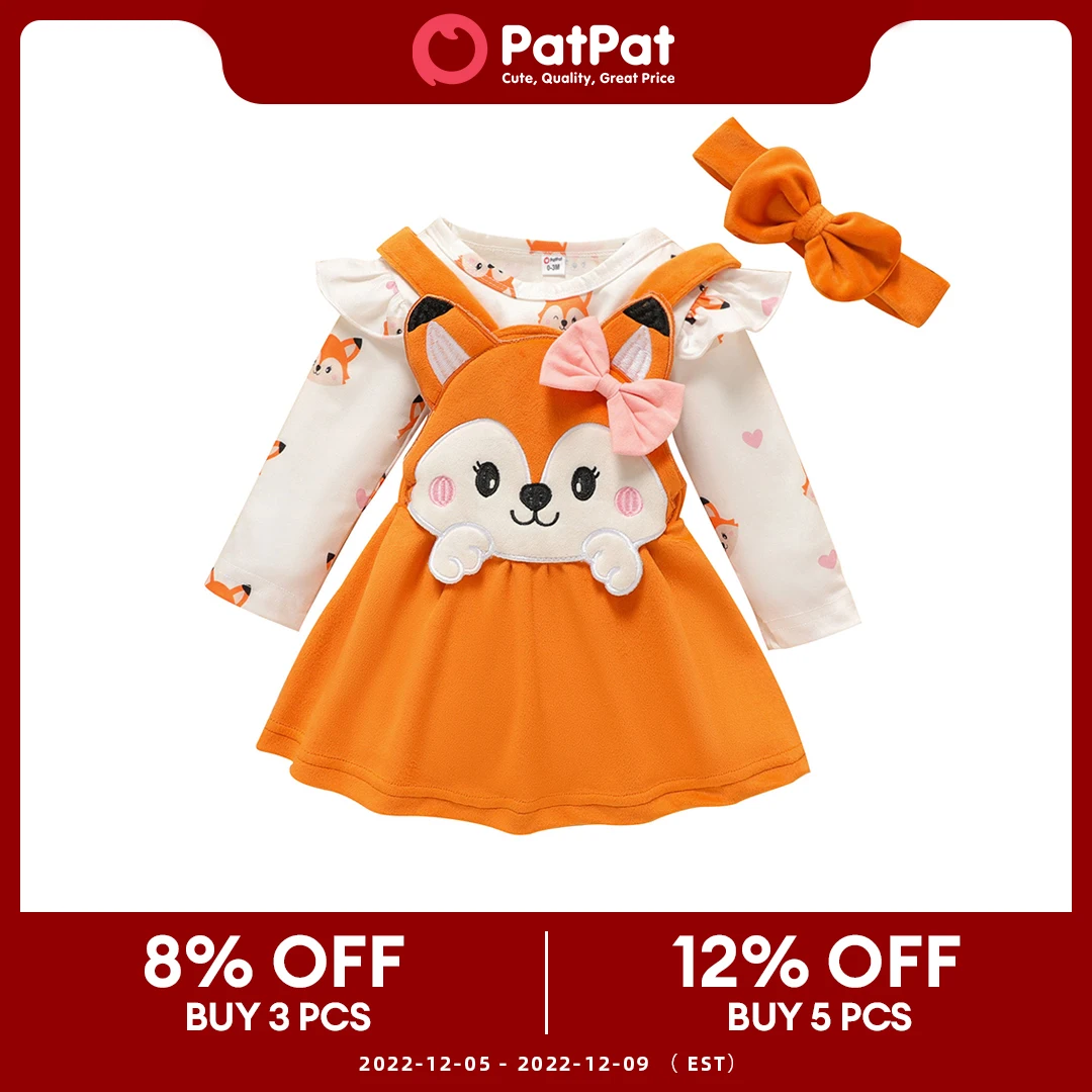 PatPat Newborn Baby Girl Clothes New Born Babies Items Costume 3pcs Fox Print Jumpsuit Romper Overall Dress with Headband Set