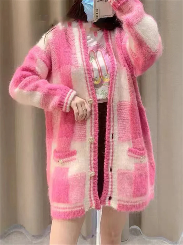 

Новинка 2023, Женский вязаный кардиган в клетку с вышивкой разных цветов, Женский Повседневный свободный свитер с V-образным вырезом, верхняя одежда, универсальный топ