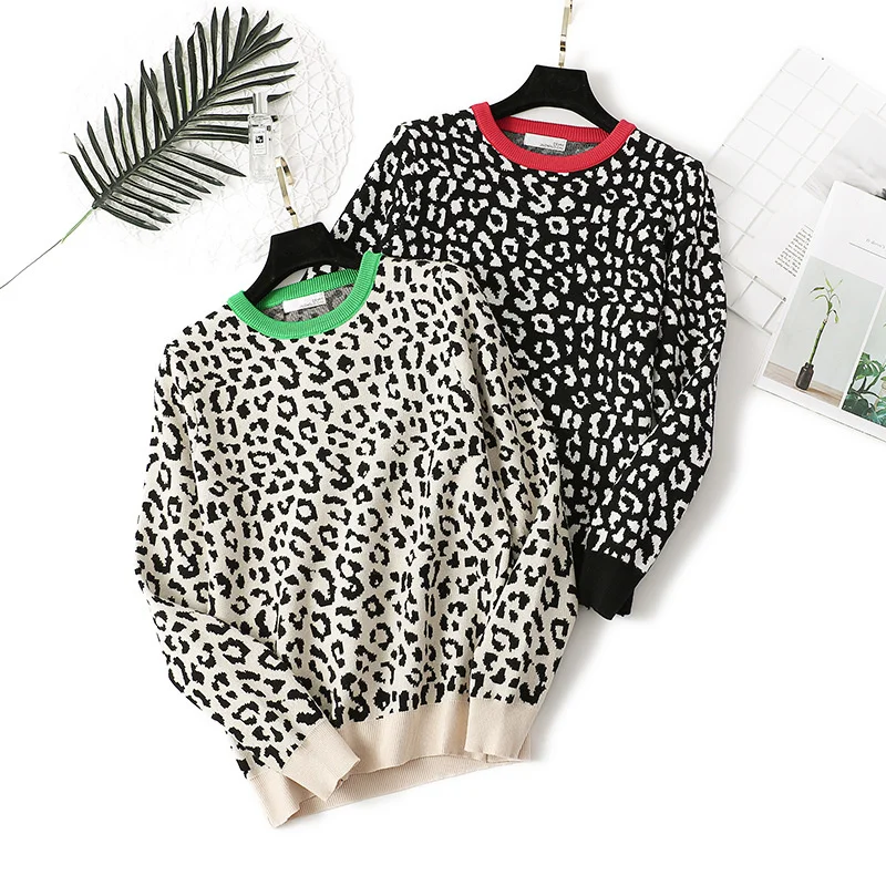 

Autumn Winter Women Sweaters Leopard Knitted Pullovers Long Sleeve Contrast Color Crewneck Jumpers Sweter Mujer C- 026