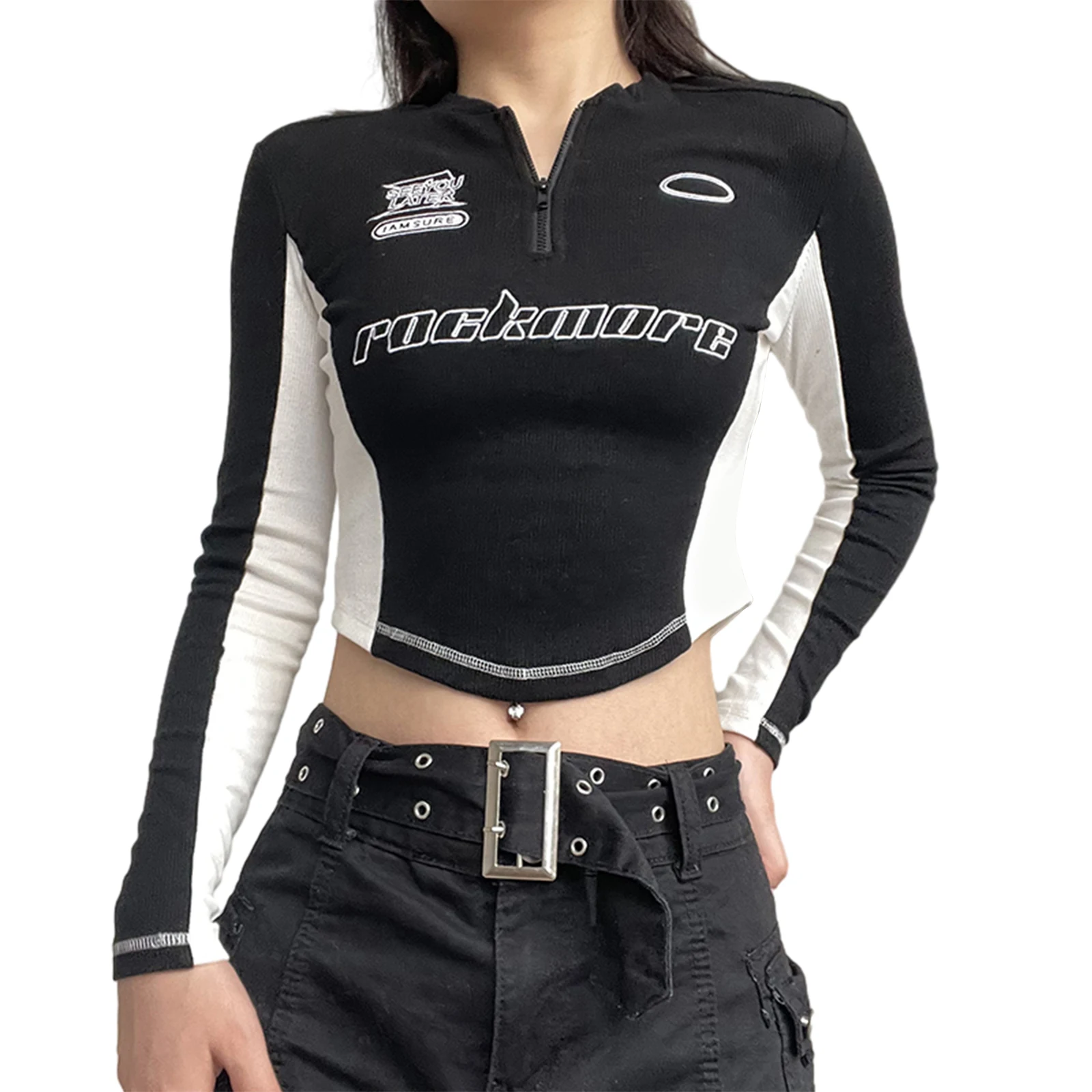 

Women's Grunge Long Sleeve Skinny T-Shirt Letter Pattern Quarter Zipper Collar Slim Crop Tops Aesthetic Clothes