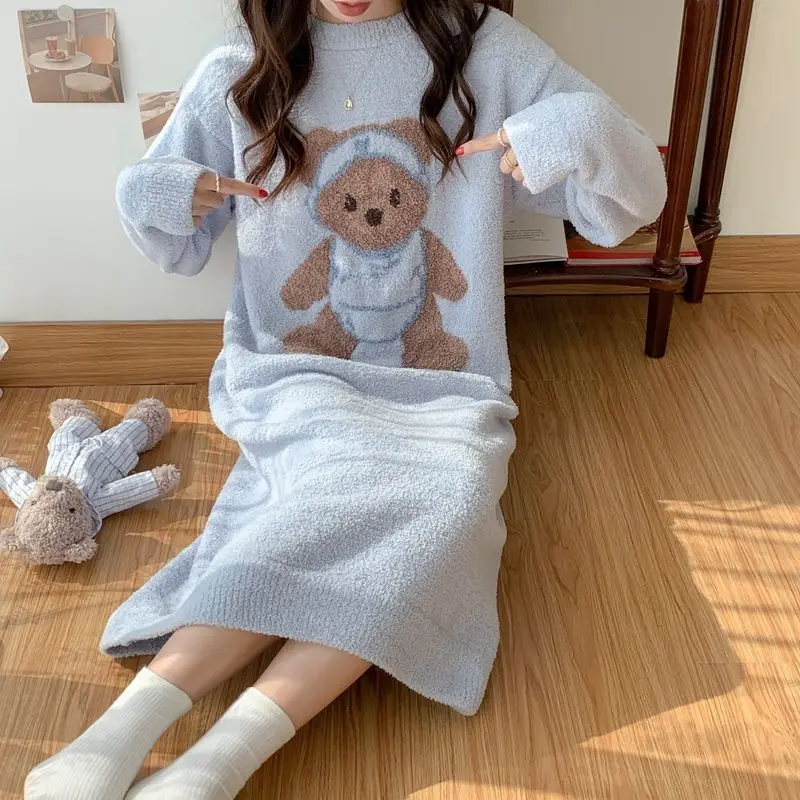 QWEEK Coral Velvet Long Nightie Kawaii Korean Style Bear Print Sleepwear Warm Thicken Women's Nightdress Winter Homewear