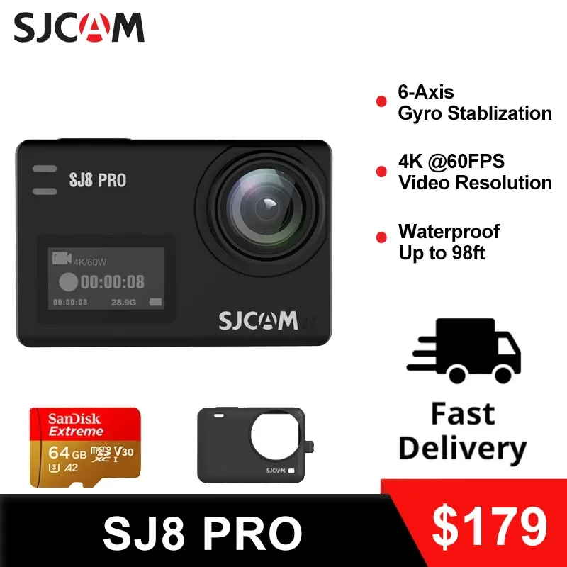 SJCAM SJ8PRO, Экшн-камера, 4K 60FPS, Угол 170 градусов, Коррекция деформации, Wi-Fi, Пульт ДУ, Шлем-камера, ГИРО, Чипсет Ambarella, Ultra HD, DV-камера для экстремальных видов спорта