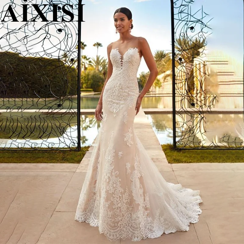 

AIXISI Sweetheart Wedding Dress Bride Backless Appliques Lace Court Train Pearls Elegant Tulle Robe De Mariee Vestidos De Novia