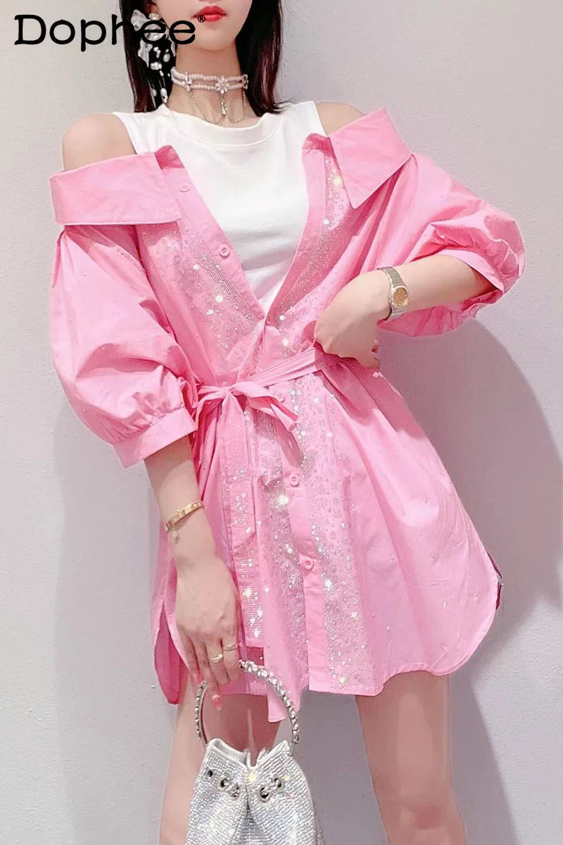 

Hot Drilling Sexy Off-Shoulder Shirt Top Women 2022 New Summer Clothes Loose Fake Two Pieces Lace-up Waist Pink Blusas Camisas