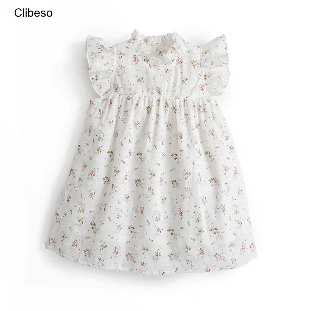 

2023 Clibeso Summer Floral Dress for Baby Girls Kids Vintage Printed Flying Sleeve Cotton Dresses Children Princess Outdoor Wear