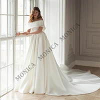 monica elegant wedding dress boat neck satin open back trailing party bridal dress vestido de novia for 2022 new style