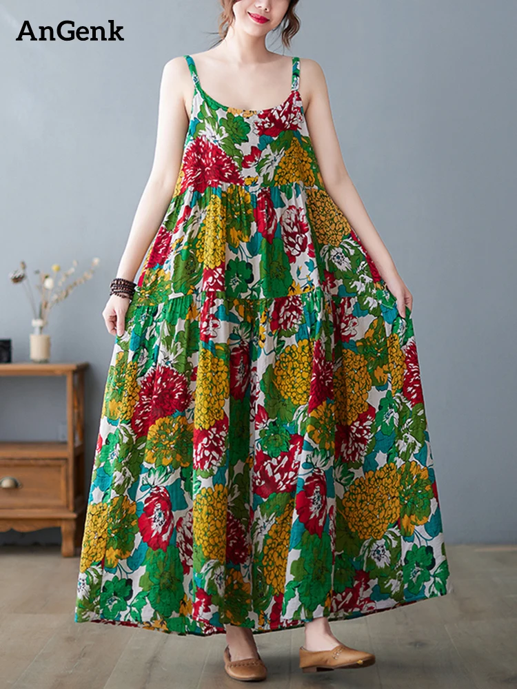 

Sleeveless Strap Cotton Linen Vintage Floral Print Dresses For Women Loose Casual Long Summer Dress Fashion Elegant Clothes 2022
