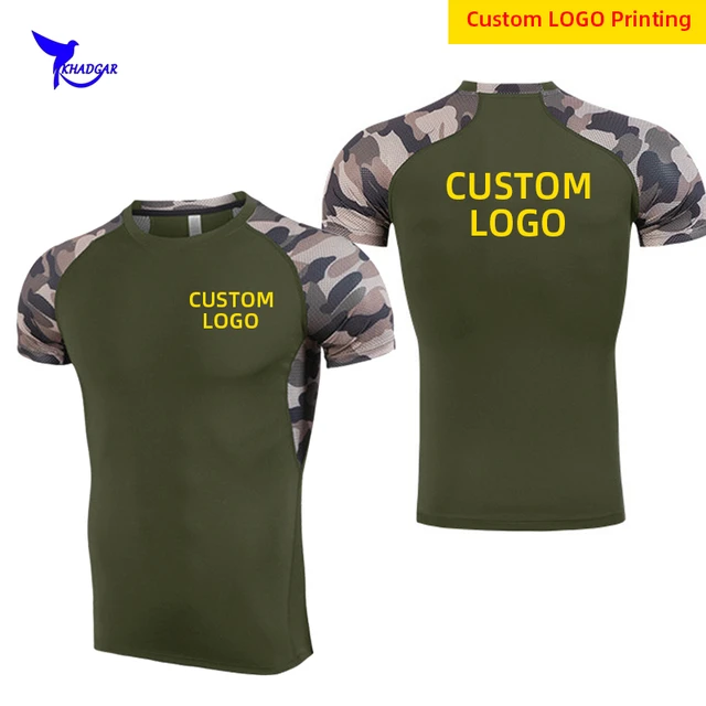 Quick dry running compression t-shirt men elastic camo patchwork gym fitness workout tops short sleeve sports shirt custom logo