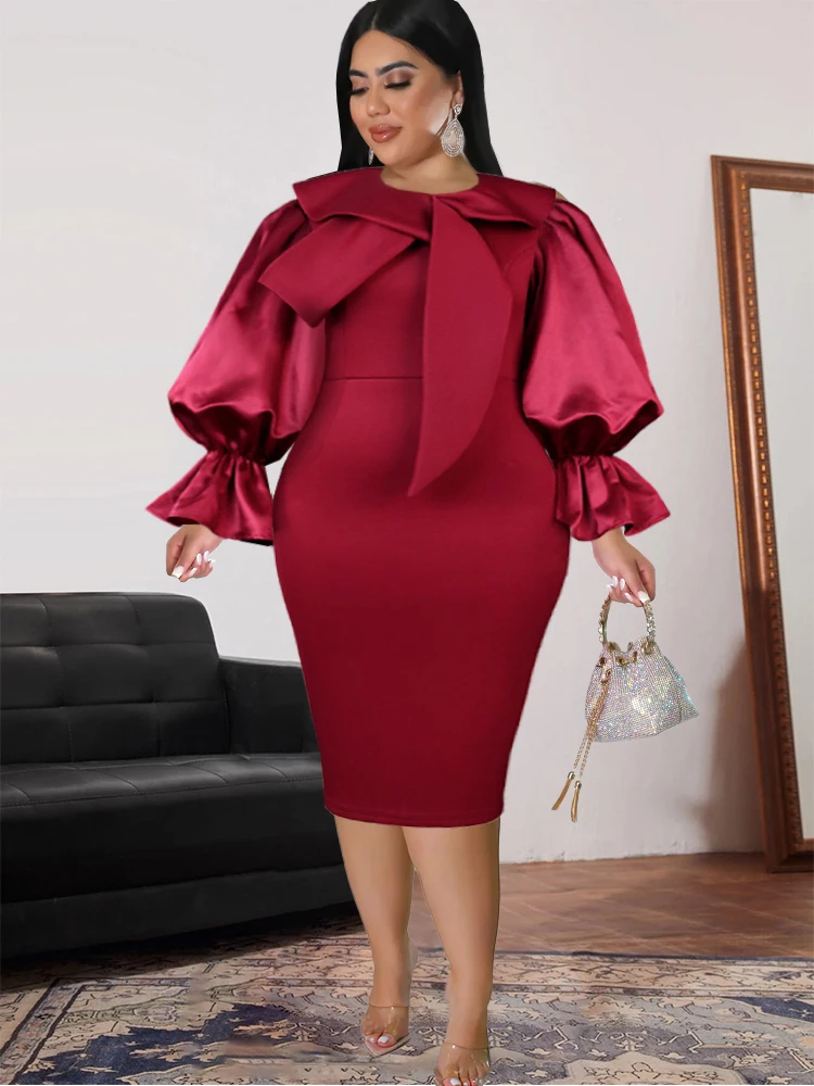 Plus Size Midi Dresses Long Flare Sleeve Sheath Red Office Lady Evening Cocktail Event Occasion Party Outfits for Ladies 4XL
