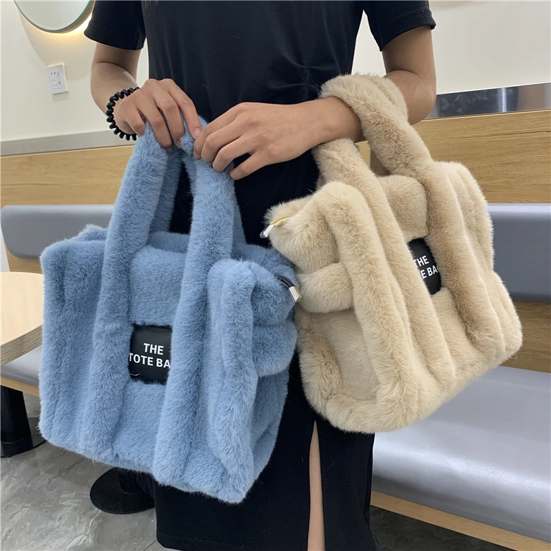 

Winter Woolen Faux Fur Teddy Curl Plush The Tote Bag Retro Large Capacity Handbag Simple Shoulder Designer Women Black Handbag