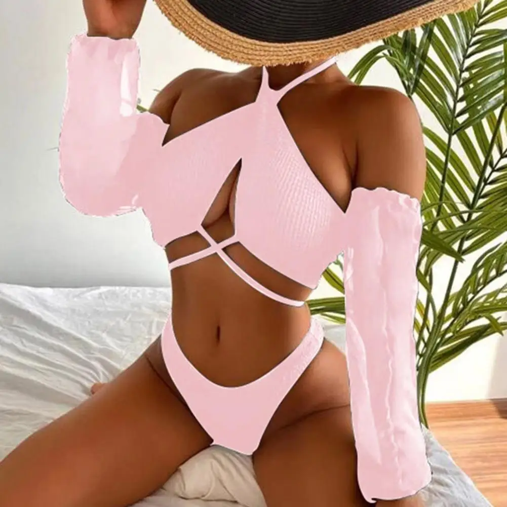 

3 Pcs/Set Women Swimsuit Sunscreen Arm Cover Halter Neck Strap Quick Dry Summer Swimwear Set for Beach