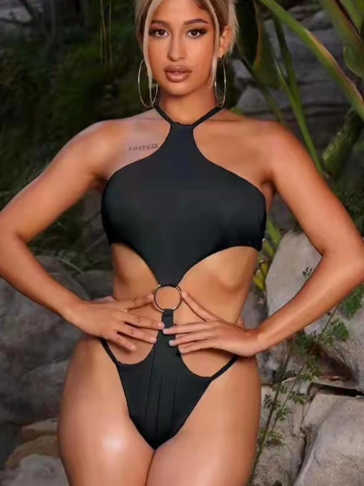 

Черный слитный купальник с вырезами и высоким воротом, сексуальный женский монокини с перекрестными лямками на спине, 2022, однотонные пляжны...