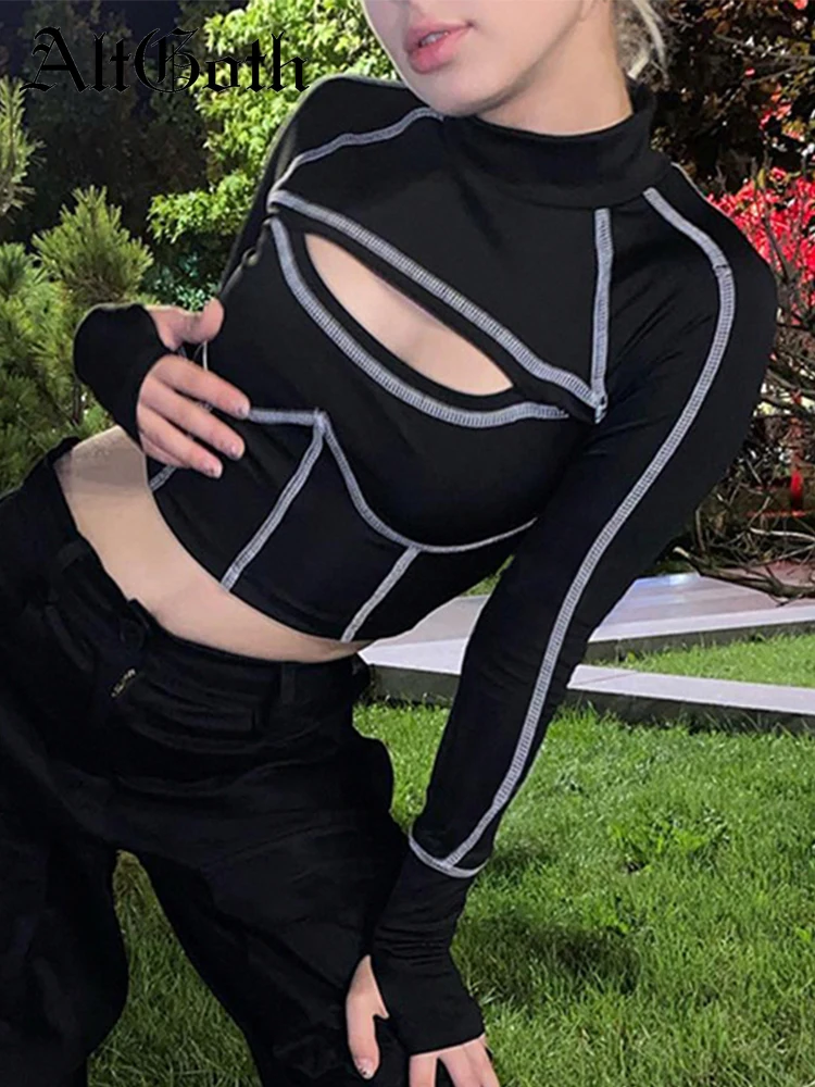 

AltGoth Cyberpunk Streetwear T-shirt Women Aesthetic Mall Goth Hollow Out Long Sleeve Crop Tee Tops Emo Alt Grunge Indie Clothes