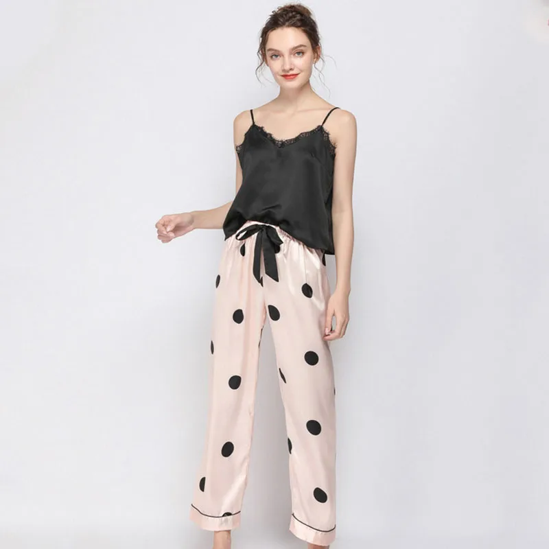 Women 2 Pieces Sleepwear Silk Sling Sleeveless Lace Black Top and Long Pants Pajamas Set